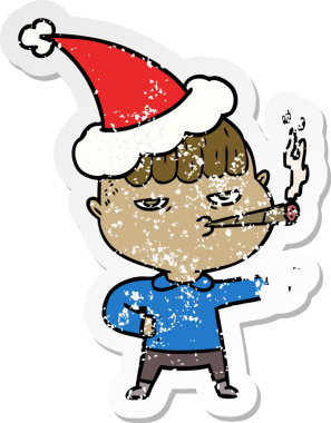 Bir insan tarafından çizilmiş Noel Baba şapkası giymiş bir adamın el çizimi karikatürü.