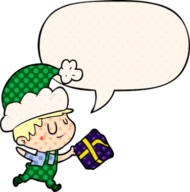 Bir insan tarafından çizilmiş çizgi roman tarzında konuşma baloncuğuyla mutlu noel elfi.