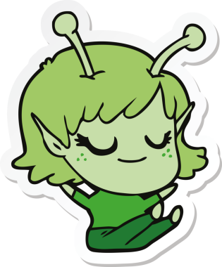 Bir insan tarafından çizilmiş gülümseyen uzaylı kız çizgi filminin çıkartması.