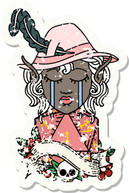 Retro Dövme Tarzı Ağlayan Elf karakter yüzü Bir insan tarafından çizilen d20 zar ile