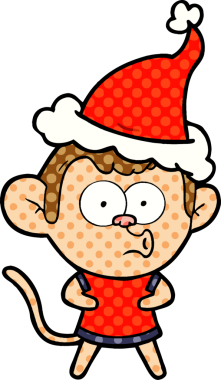 Bir insan tarafından çizilmiş Noel Baba şapkası giymiş sürpriz bir maymunun el çizimi çizgi roman çizimi.