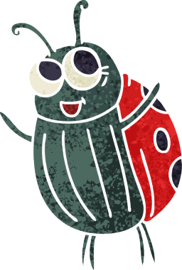 Retro illüstrasyon tarzı, bir insan tarafından çizilmiş tuhaf çizgi film uğur böceği.