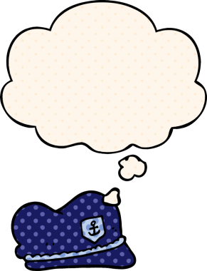 Çizgi roman tarzında bir insan tarafından çizilmiş düşünce balonlu denizci şapkası.