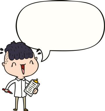 Bir insan tarafından çizilen konuşma baloncuğuna şaşıran mutlu çocuk çizgi filmi.