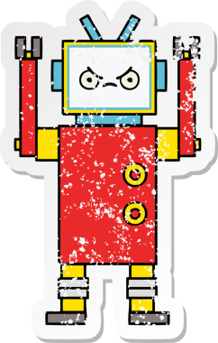 Bir insan tarafından çizilmiş sevimli bir robot çizgi film çıkartması.