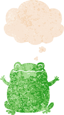 Düşünce baloncuklu çizgi film karakurbağası grunge sıkıntılı retro dokuma tarzı bir insan tarafından çizilmiş