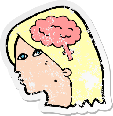 Bir insan tarafından çizilmiş beyin sembolü olan bir kadın kafasının gerilimli retro yapıştırması.