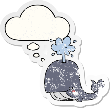 Düşünce baloncuğu olan karikatür balinası bir insan tarafından çizilmiş yıpranmış bir çıkartma.