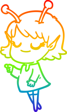 Bir insan tarafından çizilmiş gülümseyen uzaylı kız çizgi filmi.