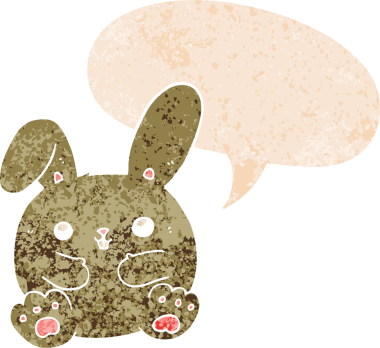 Konuşma baloncuğu olan çizgi film tavşanı bir insan tarafından çizilmiş dertli retro tarzı