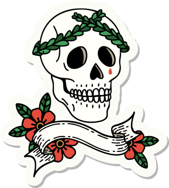 Bir insan tarafından çizilmiş defne çelenkli bir kafatasının pankartıyla dövme stili.