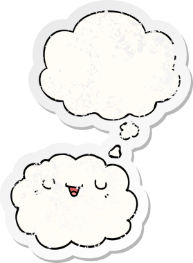 Düşünce baloncuklu karikatür bulutu bir insan tarafından çizilmiş yıpranmış bir çıkartma gibi.