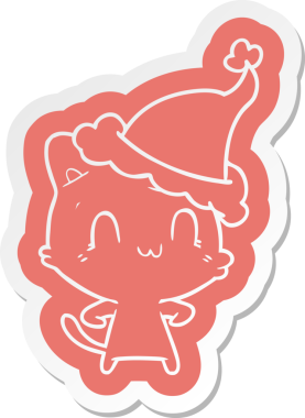 Bir insan tarafından çizilmiş Noel Baba şapkası takan mutlu bir kedinin garip çizgi film etiketi.