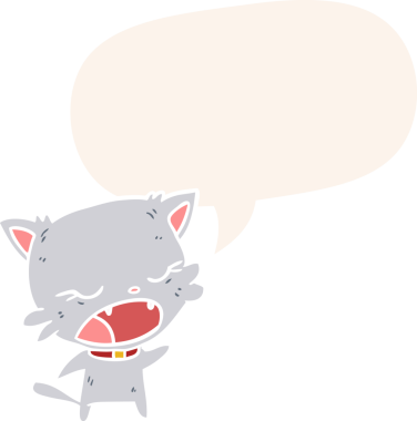 Tatlı çizgi film kedisi konuşma baloncuğuyla bir insan tarafından çizilmiş retro tarzı konuşuyor.