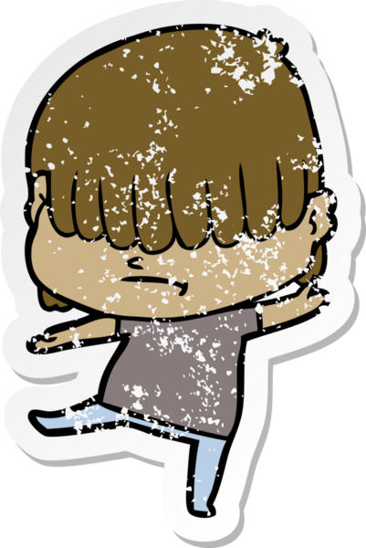 Bir insan tarafından çizilmiş dağınık saçlı bir çizgi film çocuğunun sıkıntılı çıkartması.