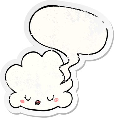 Konuşma baloncuğu olan sevimli çizgi film bulutu bir insan tarafından çizilmiş sıkıntılı eski bir çıkartma