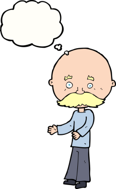 Bir insan tarafından çizilmiş düşünce baloncuklu bıyıklı çizgi film adamı.
