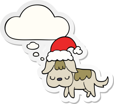 Düşünce baloncuğu insan tarafından çizilmiş bir çıkartma olan şirin bir Noel köpeği.