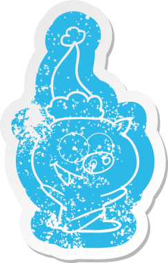 Neşeli oturan domuz çizgi filmi bir insan tarafından çizilmiş Noel Baba şapkasının çıkartması.