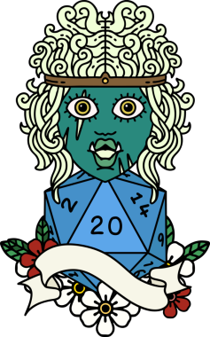 Retro Dövme Biçimi Yarı Ork Barbar Karakteri Bir insan tarafından çizilmiş 20 zar ile