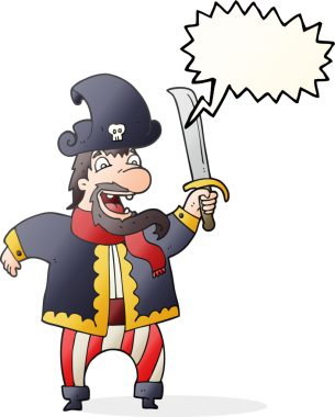 Bir insan tarafından çizilmiş serbest konuşma balonu karikatürü gülen korsan kaptan.