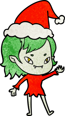Bir insan tarafından çizilmiş Noel Baba şapkası takan arkadaş canlısı vampir bir kızın el çizimi karikatürü.