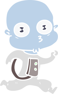 Düz renkli çizgi film. Bir insan tarafından çizilen tuhaf kel uzay adamı.