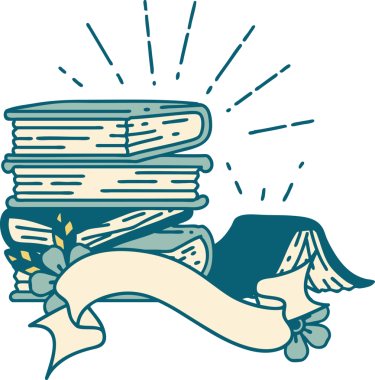 Bir insan tarafından çizilmiş dövme stili kitap yığınıyla parşömen afişi.