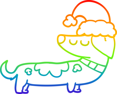 Gökkuşağı gradyan çizgisi bir insan tarafından çizilmiş Noel şapkası giyen bir köpek çizimi.