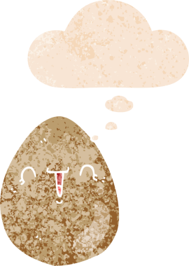 Düşünce baloncuklu çizgi film yumurtası grunge sıkıntılı retro tarzı bir insan tarafından çizilmiş.