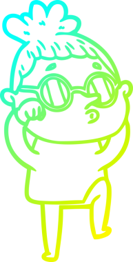 Bir insan tarafından çizilmiş güneş gözlüğü takan çizgi film kadını çizimi.