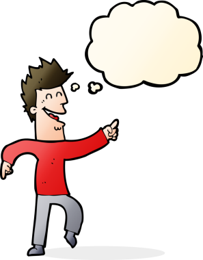 Çizgi filmci bir insan tarafından çizilmiş düşünce balonuyla gülüyor ve işaret ediyor.