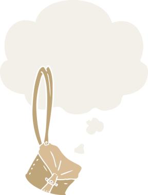 Eski bir sırt çantası çizgi filmi. Düşünce baloncuğu insan tarafından çizilmiş.