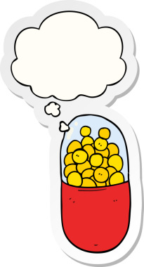 İnsan tarafından çizilmiş bir çıkartma olarak düşünce baloncuklu çizgi film hapı.