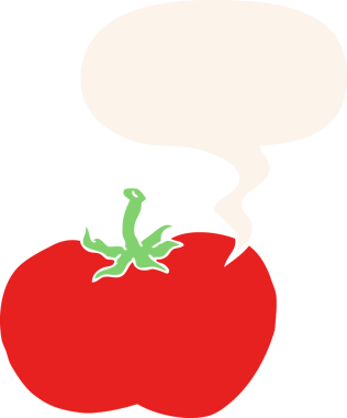 bir insan tarafından çizilmiş, konuşma baloncuklu çizgi film domatesi