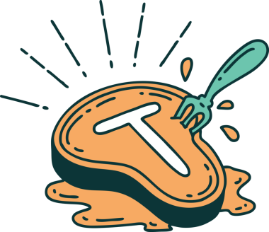 Bir insan tarafından çizilmiş geleneksel bir biftek ve çatalın resmi.