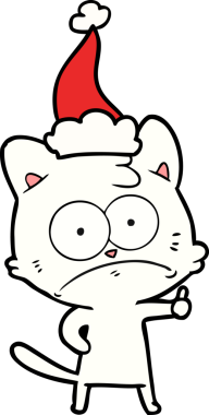 Bir insan tarafından çizilmiş Noel Baba şapkası takan gergin bir kedinin çizimi.