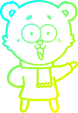 Bir insan tarafından çizilmiş kış kıyafetleri içinde gülen oyuncak ayının soğuk çizgi çizimi.