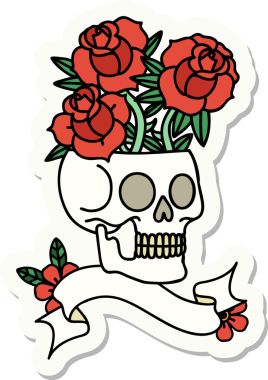 Bir insan tarafından çizilmiş kafatası ve güllerin olduğu dövme stili çıkartması.