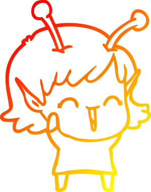 Bir insan tarafından çizilen gülen uzaylı bir kızın sıcak çizgi çizimi.