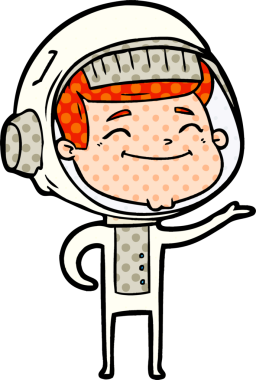 Bir insan tarafından çizilmiş mutlu astronot çizgi filmi.