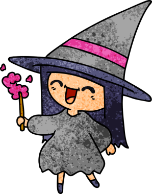 Bir insan tarafından çizilmiş kawai cadısının el yazısıyla çizilmiş karikatürü.