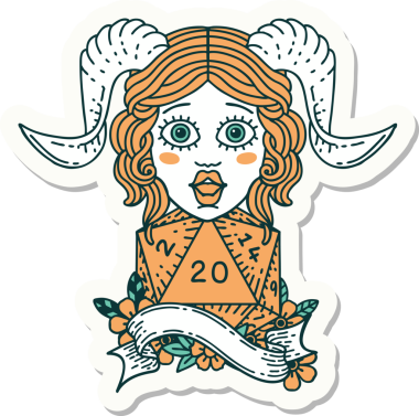 Bir insan tarafından çizilmiş doğal yirmi zarla yapıştırılmış bir etiket.