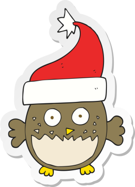 Bir insan tarafından çizilmiş Noel şapkası takan bir baykuşun çıkartması.