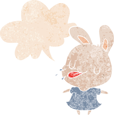 Konuşma baloncuğu olan çizgi film tavşanı bir insan tarafından çizilmiş dertli retro tarzı