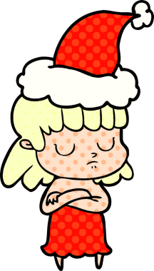 Bir insan tarafından çizilmiş Noel Baba şapkası giyen umursamaz bir kadının el çizimi çizgi roman çizimi.