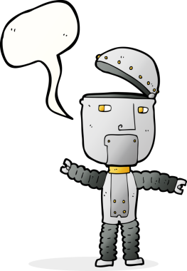 Bir insan tarafından çizilmiş konuşma balonu olan çizgi film robotu.
