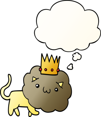 Düşünce baloncuğu ile taçlı çizgi film aslanı bir insan tarafından çizilmiş.