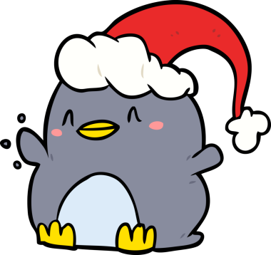 Bir insan tarafından çizilmiş noel şapkası giyen penguen çizgi filmi.