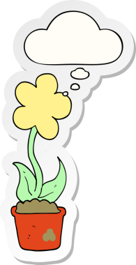 Düşünce baloncuğu olan şirin bir karikatür çiçeği bir insan tarafından çizilmiş çıkartma gibi.